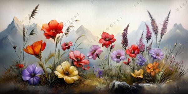 Digital painting of colorful wildflowers in foreground with distant misty mountains.
