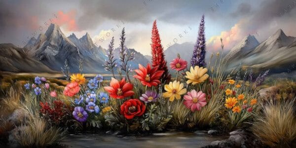 Digital painting of vibrant wildflowers against a backdrop of dramatic mountains and cloudy sky.
