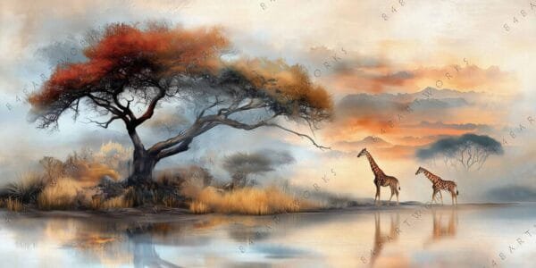 "Digital art of giraffes by a tree near water, with soft orange and blue hues."