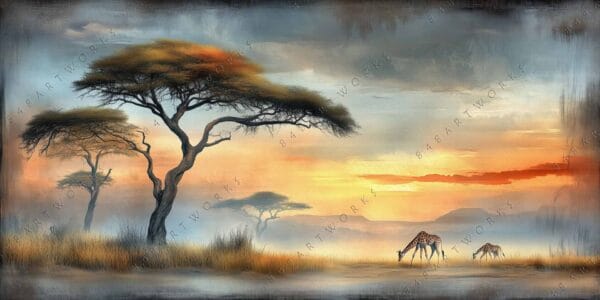 Digital painting of a serene savanna sunset with acacia trees and grazing giraffes.