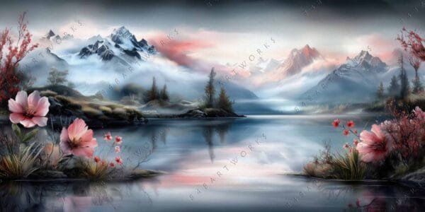 Digital painting of a serene mountain lake with pink flowers and misty peaks.