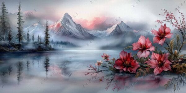 "Digital painting of misty mountains reflecting in a lake, framed by red flowers."