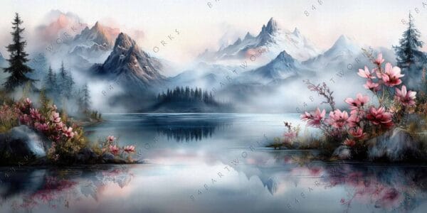 "Serene digital painting of misty mountains with pink flowers and calm lake reflections."
