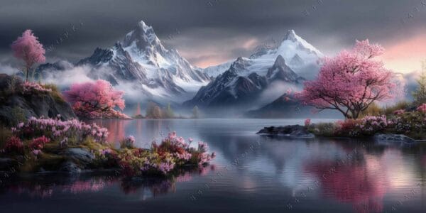 Digital painting of snow-capped mountains and pink cherry blossoms reflecting in a lake.