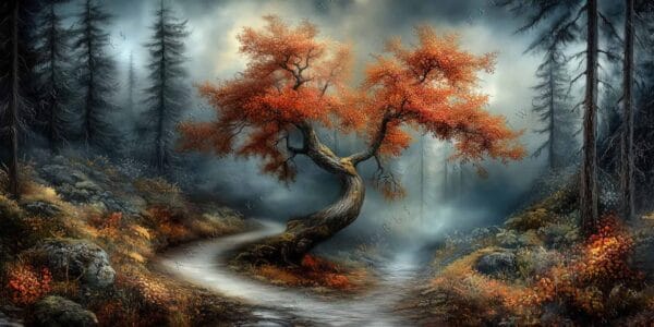 Twisting tree with orange leaves on misty forest path, digital painting style.