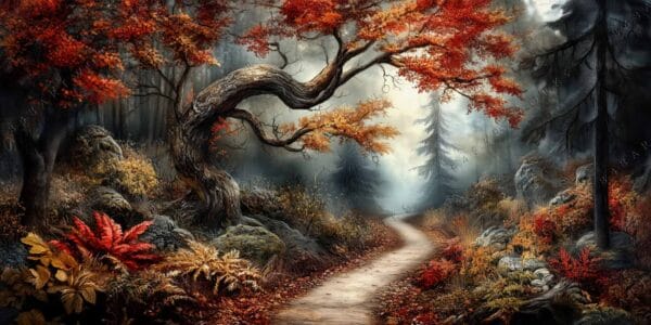 Digital painting of a misty autumn forest path with red and orange foliage.