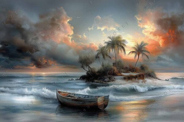"Tropical island digital painting with stormy sky and boat in foreground."