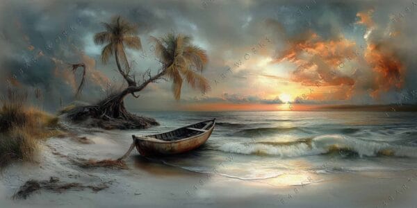 "Surreal digital painting of a beach at sunset with a lone boat and palm trees."