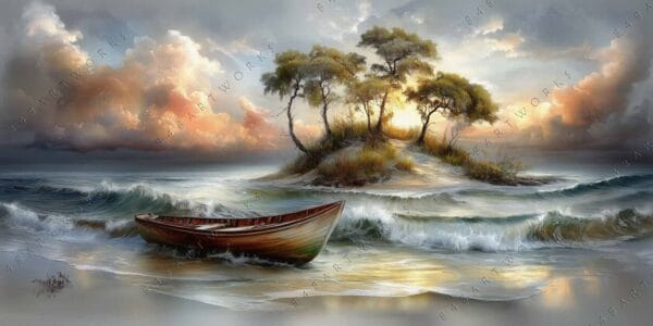Surreal painting of an empty boat near a small island with sunset clouds.
