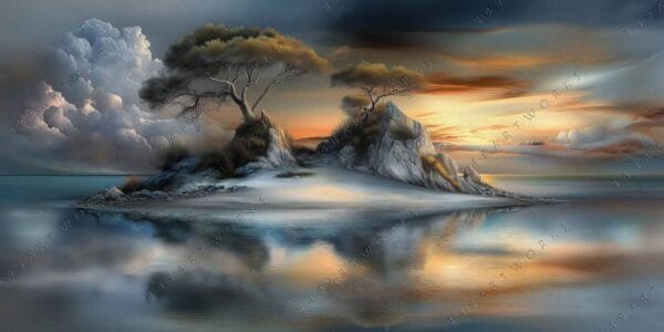 "Digital painting of a serene island with trees, reflecting in calm waters at sunset."