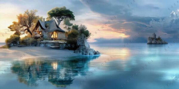 Digital art of a serene lakeside cabin surrounded by trees at sunset.