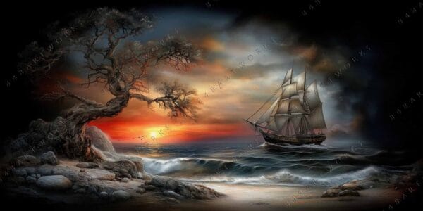 Digital painting of a ship on stormy seas at sunset, with rocky shoreline.