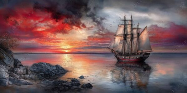 Digital painting of a sailing ship on a sunset-lit sea with red-orange sky.