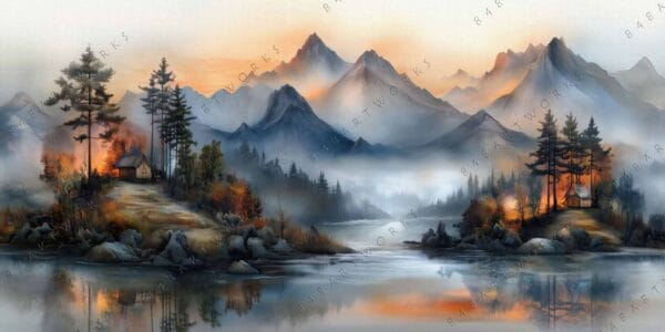 Digital painting of misty mountains, lakeside cabins, and trees in warm, muted hues.