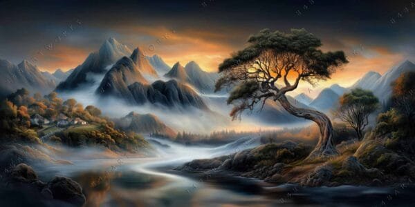 Digital painting of a misty mountain landscape with sunset hues and a twisted tree.