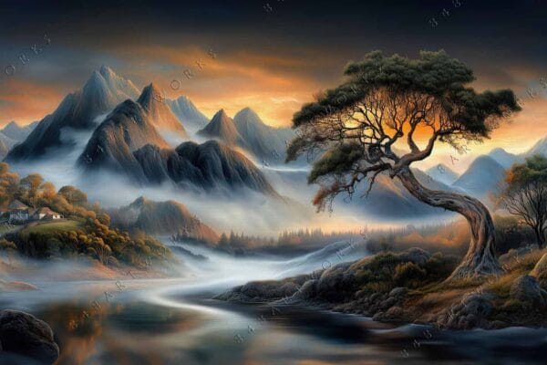 Digital painting of a misty mountain landscape with sunset hues and a twisted tree.