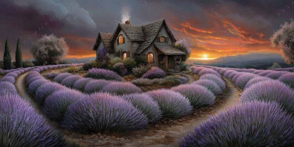 Digital painting of a cottage in a lavender field at sunset.