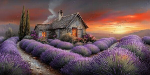 Digital painting of a stone cottage surrounded by purple lavender fields at sunset.