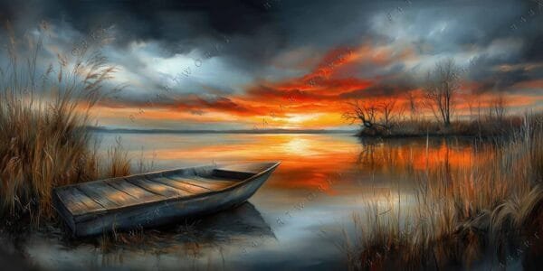 "Digital painting of a serene lake at sunset with a wooden boat and reeds."