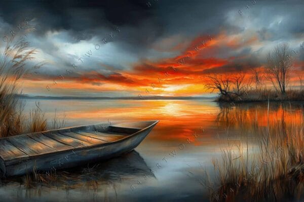 "Digital painting of a serene lake at sunset with a wooden boat and reeds."