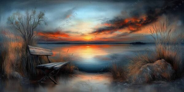 Digital painting of a sunset over a lake, with a bench and tall grasses.