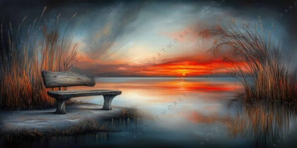 Digital painting of a lakeside bench with vivid orange sunset and tall grass.