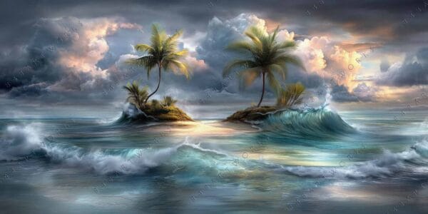"Fantasy digital art of two small islands with palm trees under dramatic clouds and waves."