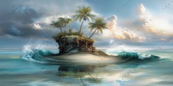 "Surreal digital painting of a small island with palm trees in turquoise waves."