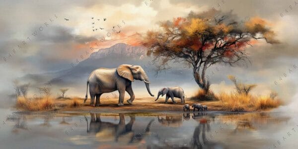 Digital painting of elephants by a watering hole with a tree, under a colorful sky.