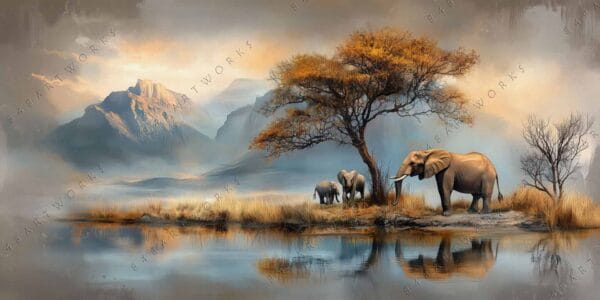 "Digital painting of elephants under a tree with mountains and reflective water."