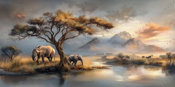"Digital painting of elephants by a tree, with mountains and a sunset in warm hues."