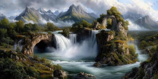 "Digital painting of cascading waterfalls with lush greenery and misty mountains in the background."