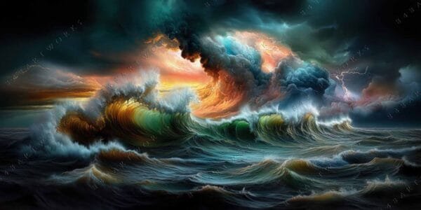 "Digital painting of stormy ocean waves under dramatic, colorful clouds with lightning."