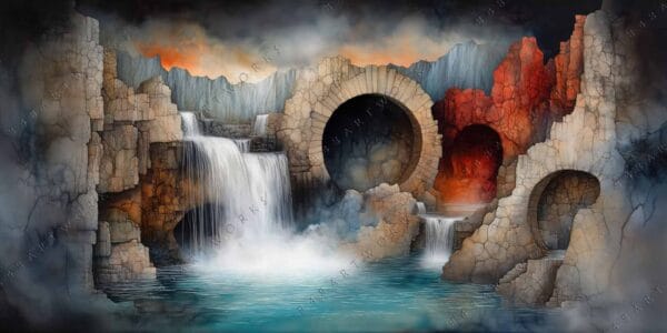 Surreal digital painting of waterfalls within ancient stone arches, featuring red and gray hues.