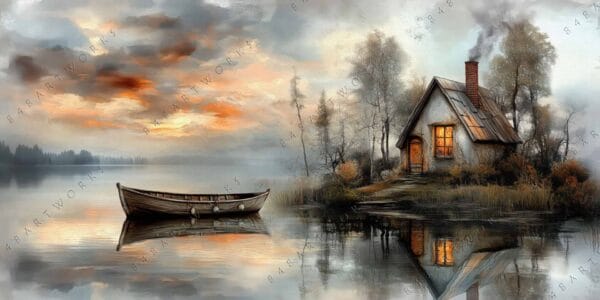 "Digital painting of a lakeside cabin with rowboat and sunset in warm tones."