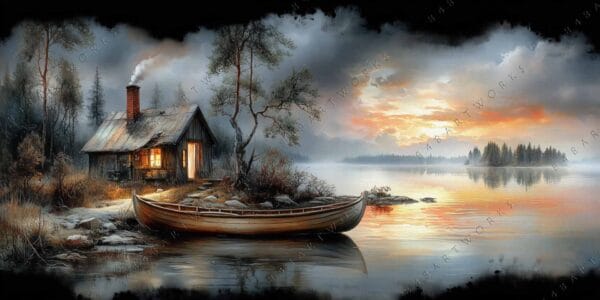 Rustic cabin and boat by a misty lake during a colorful sunset, digital painting.