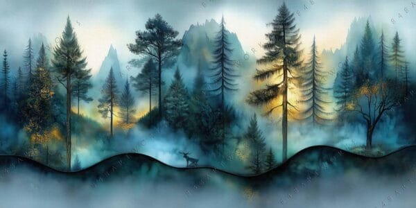 Digital painting of misty, forested mountains with silhouetted trees and deer in blue tones.