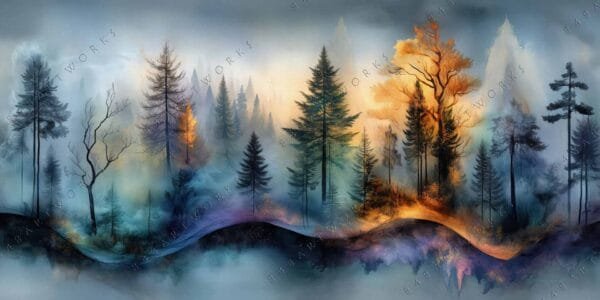 "Digital painting of misty forest with vibrant orange and blue hues."
