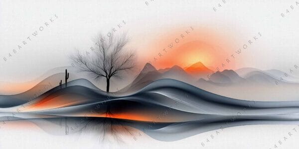 "Abstract digital artwork of mountains, tree, and sunset in gray, orange, and black tones."