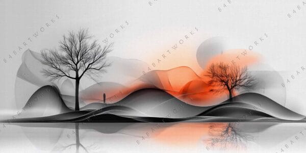 "Abstract digital art featuring two bare trees with orange and gray flowing waves."