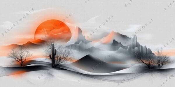 "Surreal digital artwork of a desert landscape with orange sun and gray mountains."