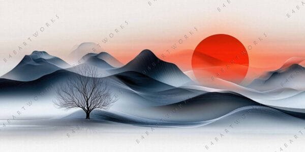 "Digital art of abstract mountains with a red sun and a leafless tree."