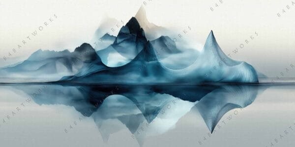 "Abstract digital art of mountain landscape in blue tones with reflective water surface."