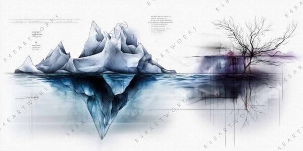 "Geometric digital art of icebergs and a bare tree with blue and purple hues."