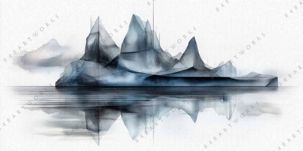 "Geometric digital painting of abstract mountains reflected in water, in gray and blue hues."