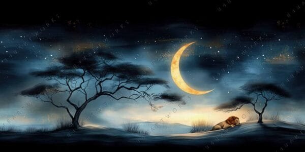 "Surreal digital painting of a lion under crescent moonlight with silhouetted trees."
