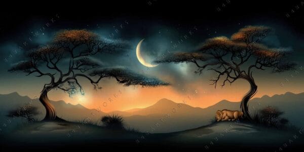 "Digital artwork of serene night landscape with crescent moon, trees, and resting lion."