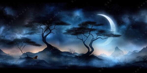"Surreal digital artwork of African savanna at night, with crescent moon and silhouetted trees."
