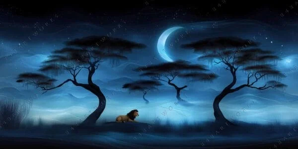 Digital art of a tranquil lion in a blue moonlit savannah landscape.