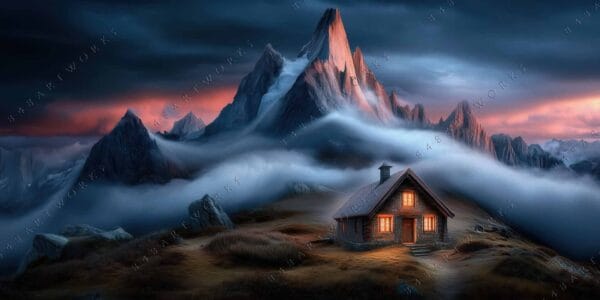 "Digital painting of a cozy cabin beneath misty mountains at dawn with warm lighting."